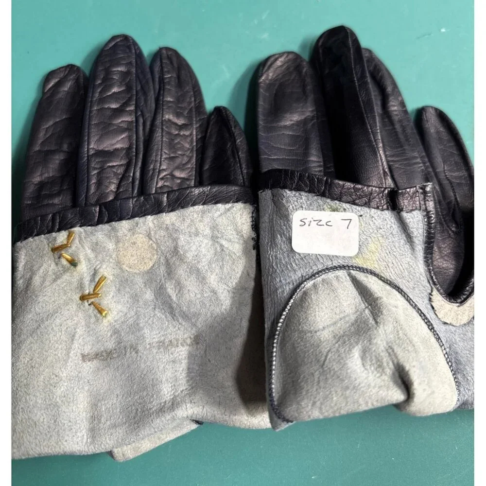 VTG Womens Dk Blue Kid Leather Unlined Gloves Woven Cuff‎ Metal Gold Accents